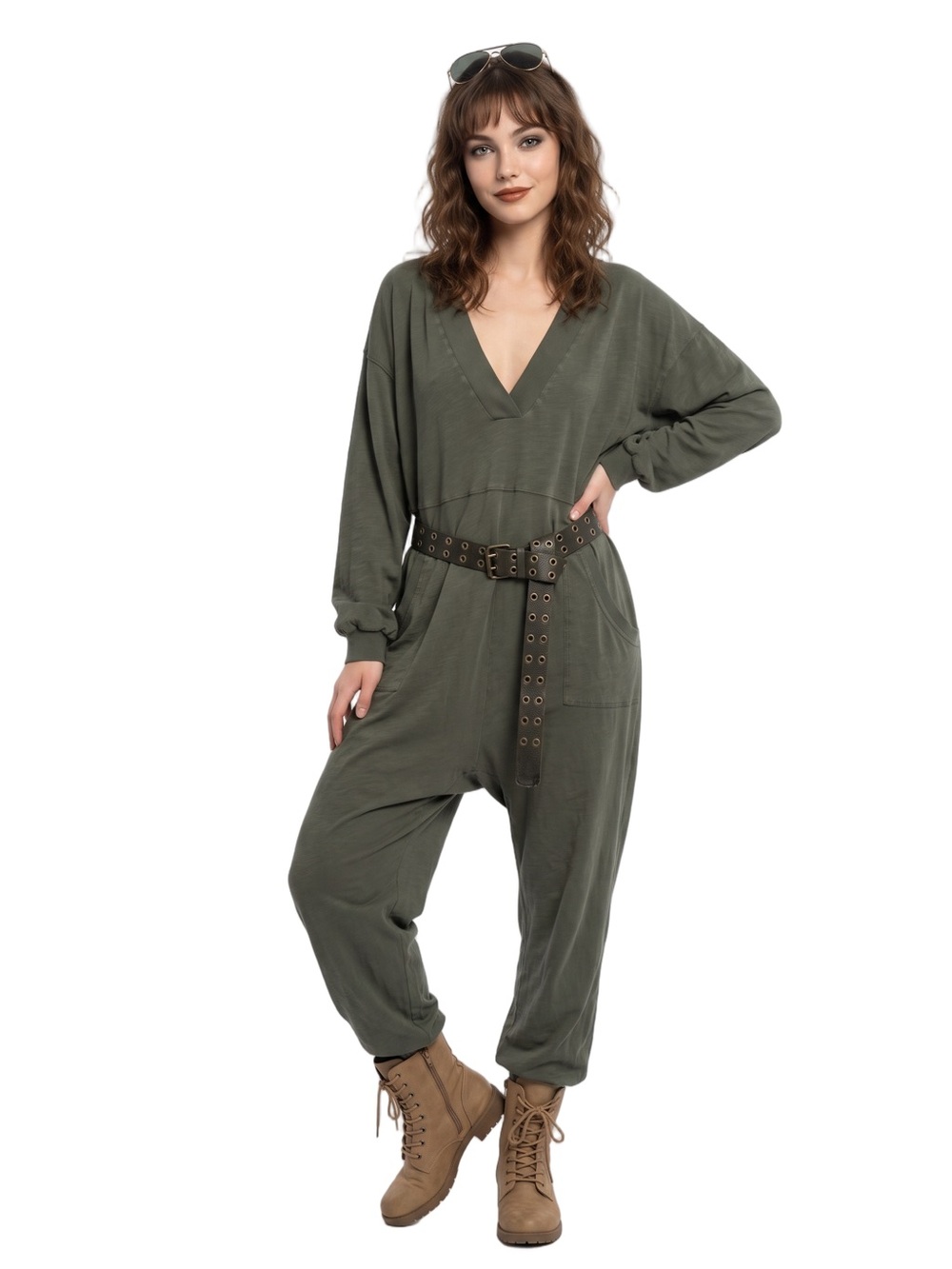 FREE PEOPLE JUST BECAUSE Onesie Jumpsuit Olive Green V neck Longsleeve Oversized